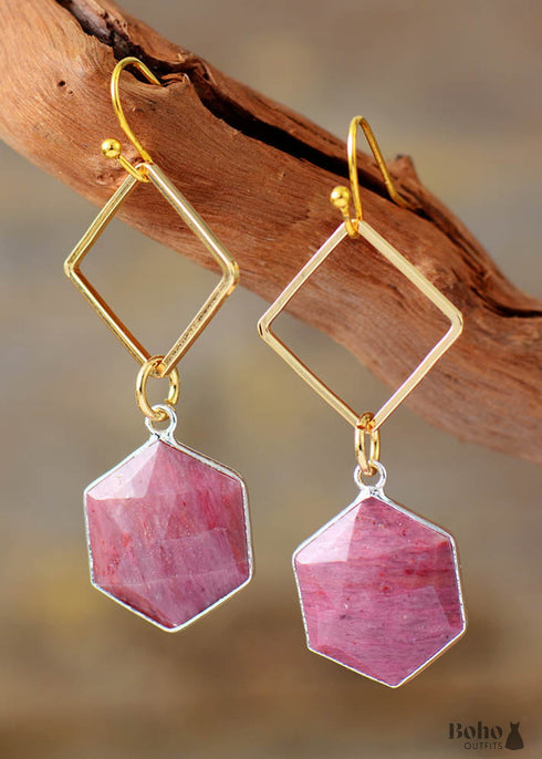 Boho Earrings, Dangle Earrings, Rhodonite Hexagon